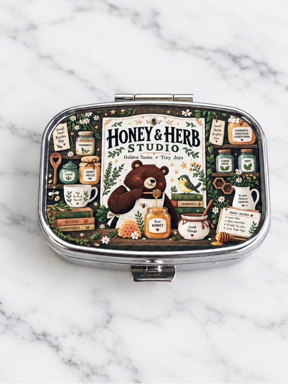 Bear and Honey Design Purse Pill Box/Travel Jewelry-Compact With Lidded Mirror
